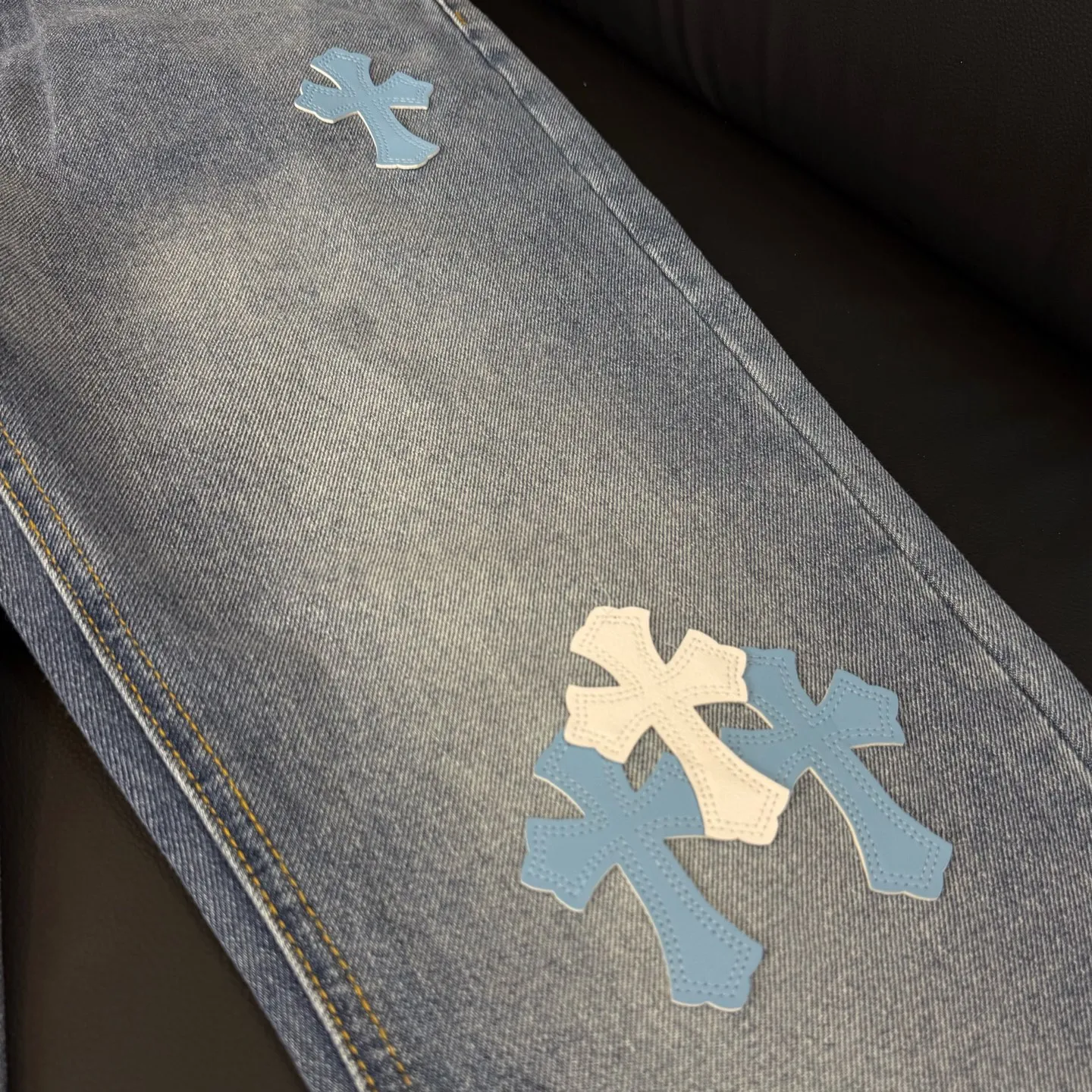 P280 Style number: D316 Chrome Hearts washed blue leather jeans Size# 28 30 32 34